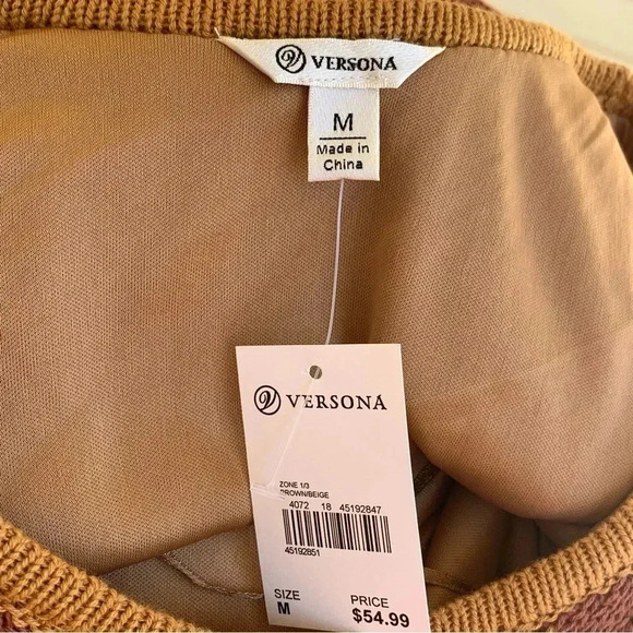 VERSONA Crochet Maxi Dress Carmel Latte Size Medium NWT Brown & Light Blue Boho - Picture 8 of 13